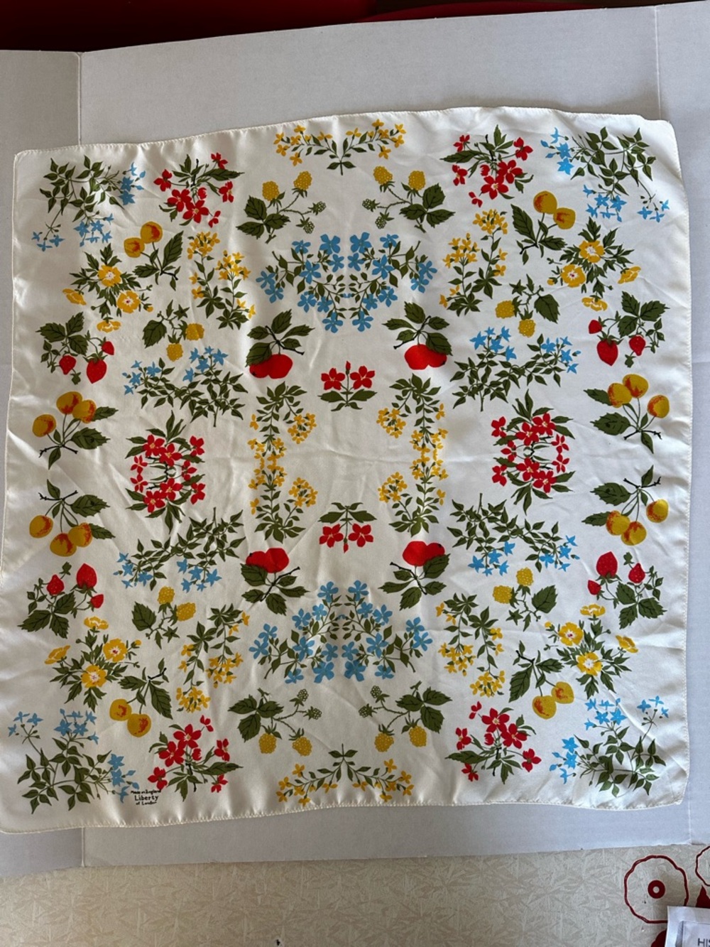 Liberty of London Floral & Fruit Square Scarf in White, Red, Yellow & Blue